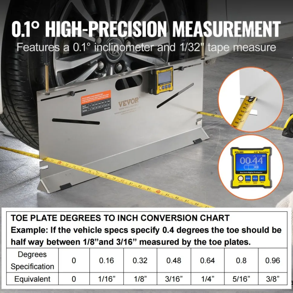VEVOR Wheel Alignment Tool, 2-Pack Toe Plates, Camber/Caster/Toe Gauge 0.1° Accuracy, Stainless Steel Tool Plate, Magnetic Slots and 6 Alignment Rods, Includes 2 Measuring Tapes & Conversion Chart
