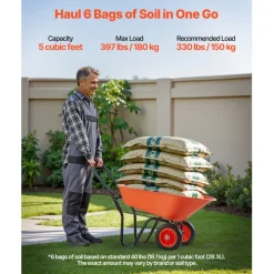 VEVOR Wheelbarrow Cart, 5 Cu. Ft. Load & 397 lbs Capacity, 2 Wheels Garden Dump Cart, Garden Wagon with Handle & 10