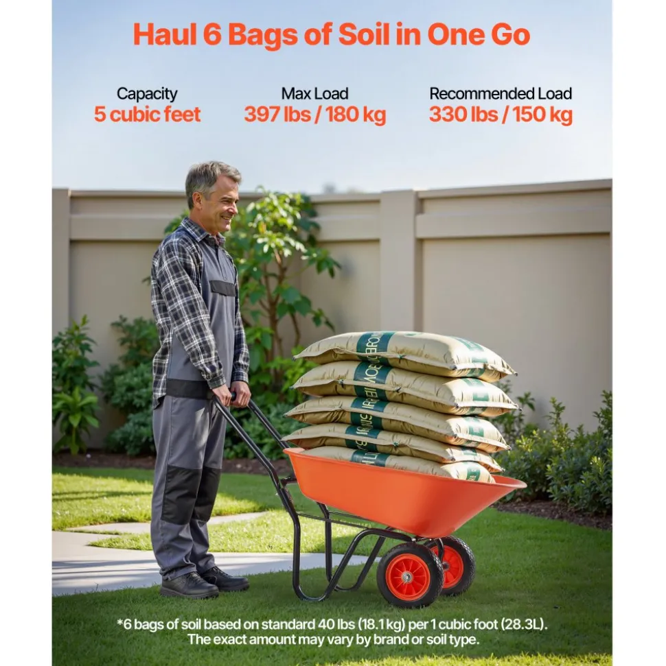VEVOR Wheelbarrow Cart, 5 Cu. Ft. Load & 397 lbs Capacity, 2 Wheels Garden Dump Cart, Garden Wagon with Handle & 10" Wide Track Wheels, Easy Loading Utility Yard Cart & Wagons for Outdoor Lawn Yard