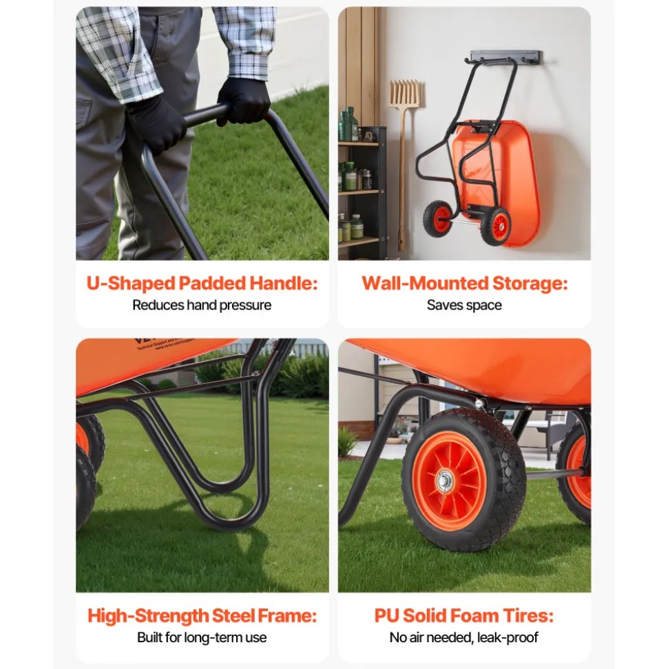 VEVOR Wheelbarrow Cart, 5 Cu. Ft. Load & 397 lbs Capacity, 2 Wheels Garden Dump Cart, Garden Wagon with Handle & 10" Wide Track Wheels, Easy Loading Utility Yard Cart & Wagons for Outdoor Lawn Yard