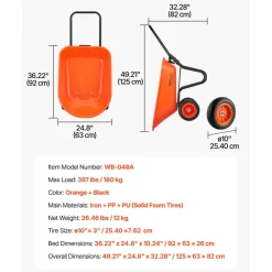 VEVOR Wheelbarrow Cart, 5 Cu. Ft. Load & 397 lbs Capacity, 2 Wheels Garden Dump Cart, Garden Wagon with Handle & 10