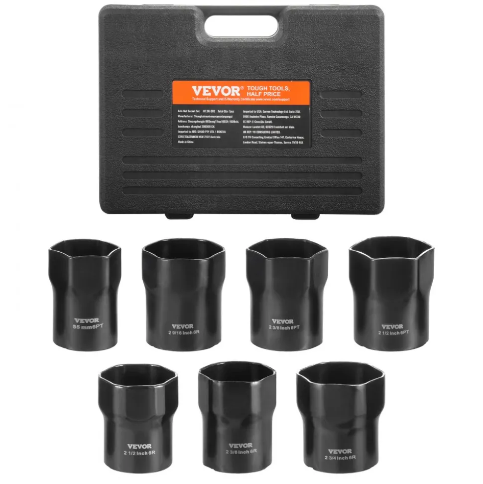 VEVOR Wheel Bearing Locknut Socket Set, 1/2 inch Drive 7 Piece SAE and Metric 6-Point Socket for Ford, Dodge, and Toyota Vehicles, with Storage Case, Remove and Install Wheel Bearing Lock Nuts
