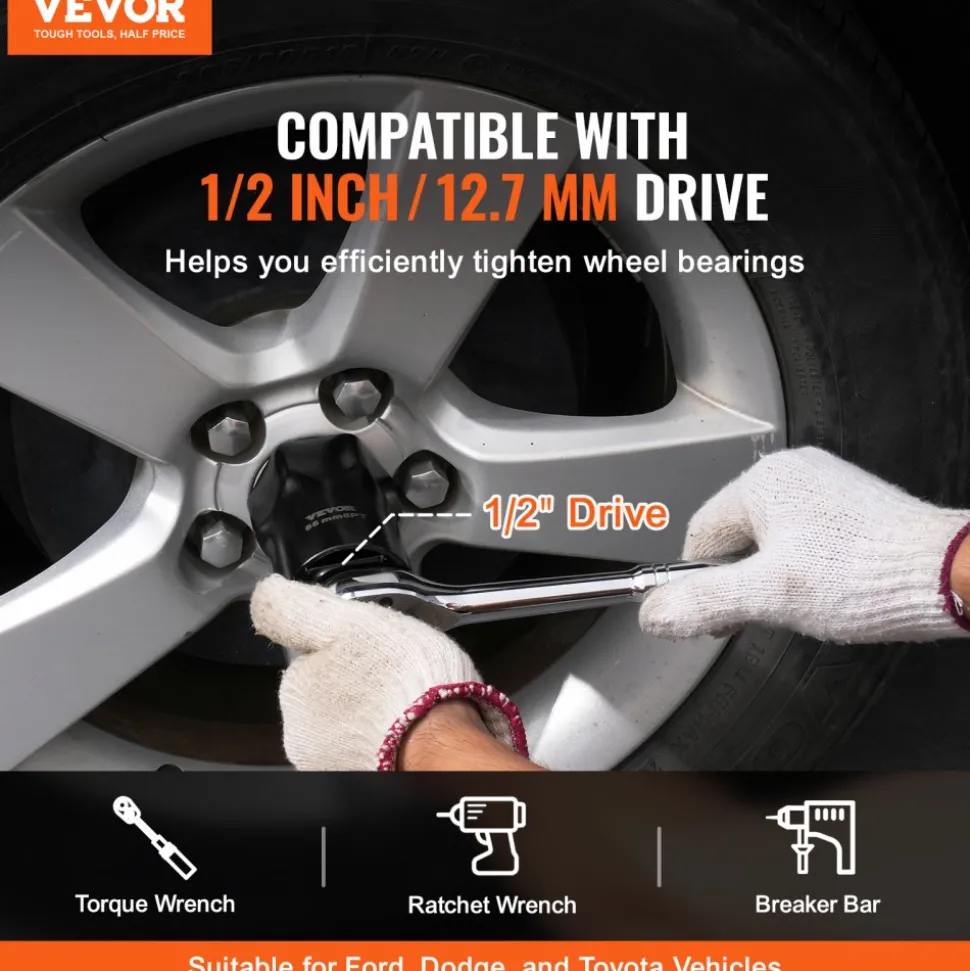 VEVOR Wheel Bearing Locknut Socket Set, 1/2 inch Drive 7 Piece SAE and Metric 6-Point Socket for Ford, Dodge, and Toyota Vehicles, with Storage Case, Remove and Install Wheel Bearing Lock Nuts