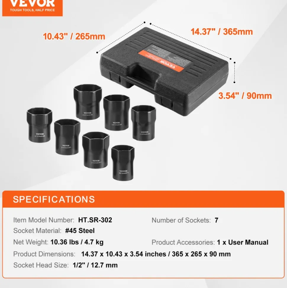 VEVOR Wheel Bearing Locknut Socket Set, 1/2 inch Drive 7 Piece SAE and Metric 6-Point Socket for Ford, Dodge, and Toyota Vehicles, with Storage Case, Remove and Install Wheel Bearing Lock Nuts