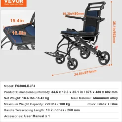 VEVOR Wheelchair, Aluminum Alloy Ultra-Lightweight Transport Chair for Adults, Foldable Cabin Wheelchair with Flip-Back Desk-Length Arms, Self-locking Brake, 15.75-Inch Wide Seat, 220lbs Load