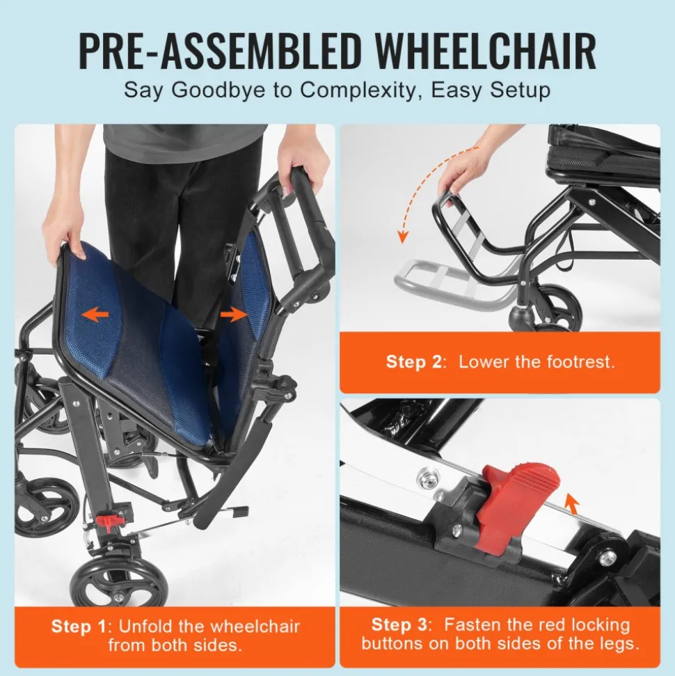 VEVOR Wheelchair, Aluminum Alloy Ultra-Lightweight Transport Chair for Adults, Foldable Cabin Wheelchair with Flip-Back Desk-Length Arms, Self-locking Brake, 15.75-Inch Wide Seat, 220lbs Load