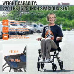 VEVOR Wheelchair, Aluminum Alloy Ultra-Lightweight Transport Chair for Adults, Foldable Cabin Wheelchair with Flip-Back Desk-Length Arms, Self-locking Brake, 15.75-Inch Wide Seat, 220lbs Load