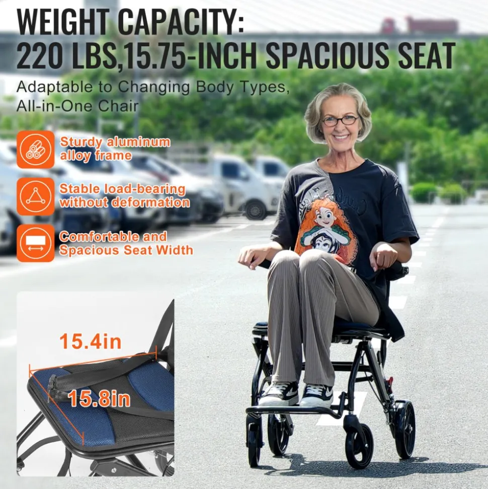 VEVOR Wheelchair, Aluminum Alloy Ultra-Lightweight Transport Chair for Adults, Foldable Cabin Wheelchair with Flip-Back Desk-Length Arms, Self-locking Brake, 15.75-Inch Wide Seat, 220lbs Load