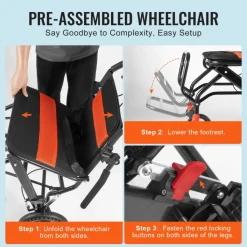 VEVOR Wheelchair, Aluminum Alloy Ultra-Lightweight Transport Chair for Adults, Foldable Wheelchair with Flip-Back Desk-Length Arms, Self-locking Brake, 18-Inch Wide Seat, 220lbs Weight Capacity