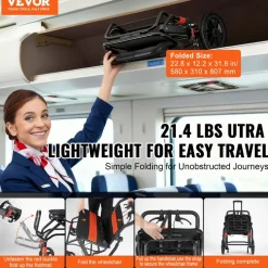 VEVOR Wheelchair, Aluminum Alloy Ultra-Lightweight Transport Chair for Adults, Foldable Wheelchair with Flip-Back Desk-Length Arms, Self-locking Brake, 18-Inch Wide Seat, 220lbs Weight Capacity