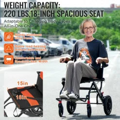 VEVOR Wheelchair, Aluminum Alloy Ultra-Lightweight Transport Chair for Adults, Foldable Wheelchair with Flip-Back Desk-Length Arms, Self-locking Brake, 18-Inch Wide Seat, 220lbs Weight Capacity