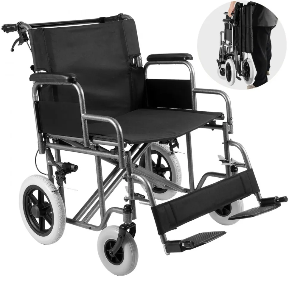VEVOR Wheelchair, Carbon Steel Transport Chair for Adults, Foldable Wheelchair with Detachable Armrest, Self-locking Brake, 24-Inch Wide Seat, 300lbs Weight Capacity, for the Disabled Move Freely