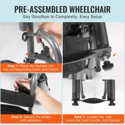 VEVOR Wheelchair, Carbon Steel Transport Chair for Adults, Foldable Wheelchair with Detachable Armrest, Self-locking Brake, 24-Inch Wide Seat, 300lbs Weight Capacity, for the Disabled Move Freely