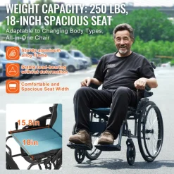 VEVOR Wheelchair, Durable Aluminum Alloy Ultra-Lightweight Wheelchairs, Portable Wheelchair with Flip-Back Desk-Length Arms, 3-Position Adjustable Footrests, 18-Inch Wide Seat, 250lbs Weight Capacity