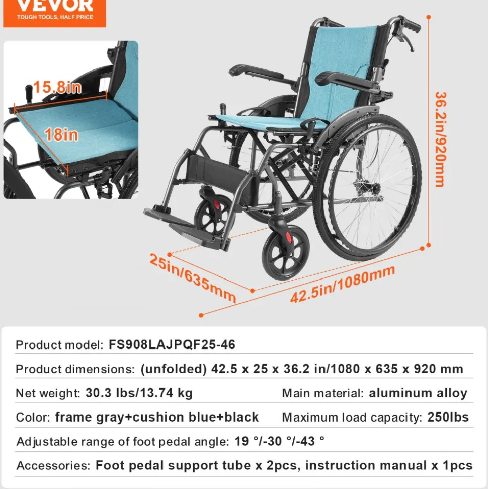 VEVOR Wheelchair, Durable Aluminum Alloy Ultra-Lightweight Wheelchairs, Portable Wheelchair with Flip-Back Desk-Length Arms, 3-Position Adjustable Footrests, 18-Inch Wide Seat, 250lbs Weight Capacity