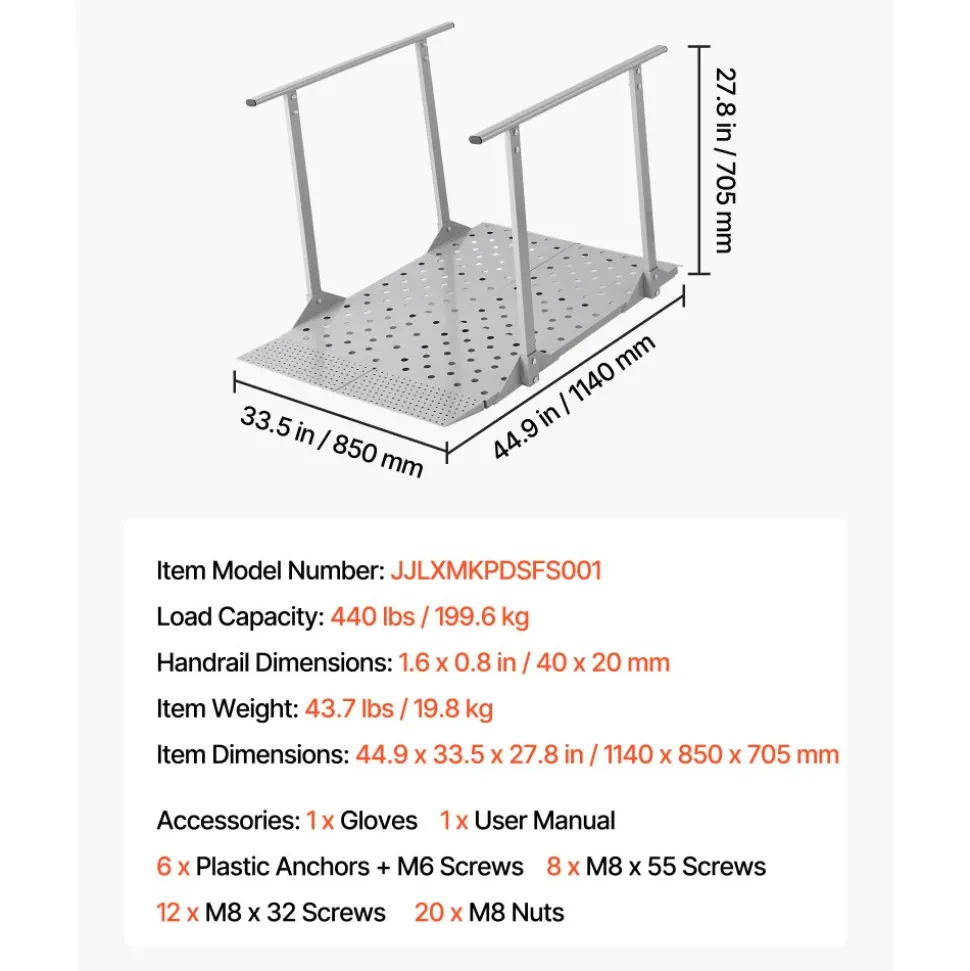 VEVOR Wheelchair Ramp with Handrails, 44.9 x 33.5 in, Heavy Duty Carbon Steel Handicap Ramp, 440 lbs Capacity, Non-Slip Portable Threshold Ramps for Home Steps, Stairs, Doorways, Curbs, Walkers, Scooters