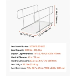VEVOR Wheelchair Ramp with Handrails, 71.1 x 32.7 in, Heavy Duty Wide Aluminum Wheelchair Ramp with Adjustable Legs, 1000 lbs Capacity, Portable Threshold Ramps for Home Steps, Stairs, Doorways, Curbs