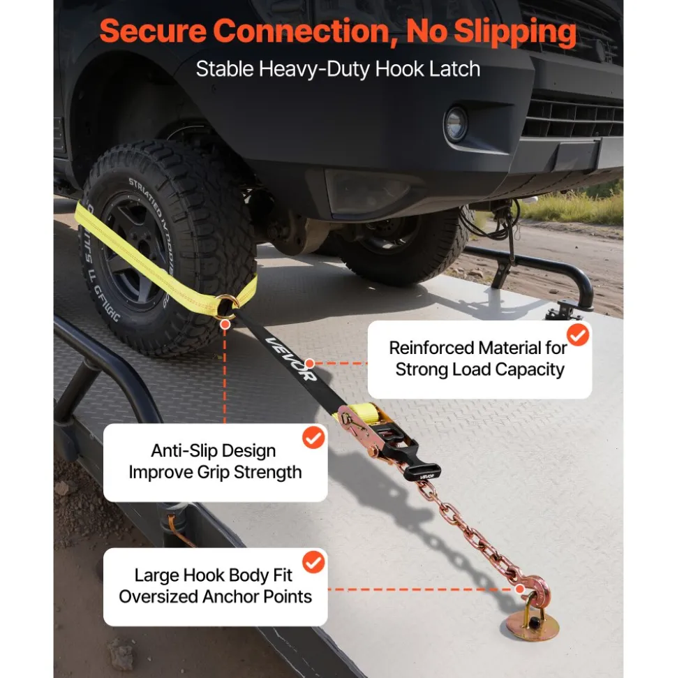 VEVOR Wheel Chock Tie-Down Kit, Tire-Style Tow Dolly Strap, Car Tie Down Kit with Heavy-Duty Hook, Break Strength 10009 lbs & Working Load 3333 lbs Motorcycle Tie-Down System for ATV, SUV, Snowmobiles