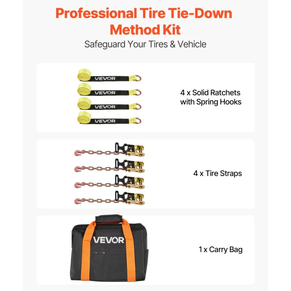 VEVOR Wheel Chock Tie-Down Kit, Tire-Style Tow Dolly Strap, Car Tie Down Kit with Heavy-Duty Hook, Break Strength 10009 lbs & Working Load 3333 lbs Motorcycle Tie-Down System for ATV, SUV, Snowmobiles
