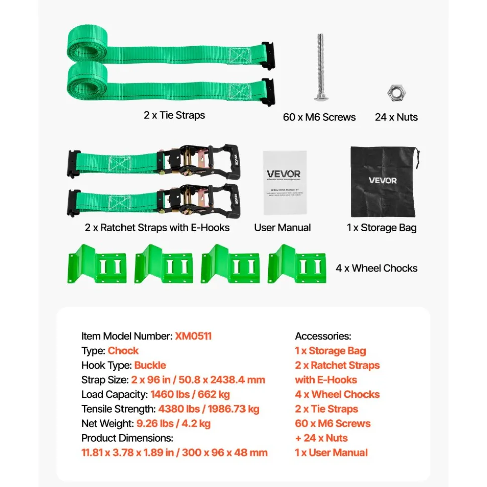 VEVOR Wheel Chock Tie-Down Kit, Chock-Style Trailer Tie Down Strap, Car Tie Down Kit with Buckle, Break Strength 4380 lbs & Working Load 1460 lbs Motorcycle Tie-Down System for ATVs, UTVs & Trailers