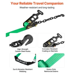 VEVOR Wheel Chock Tie-Down Kit, Deck-Style Trailer Tie Down Strap, Car Tie Down Kit with J-Hook, Break Strength 10009 lbs & Working Load 3333 lbs Motorcycle Tie-Down System for SUVs, Trailers, Trucks