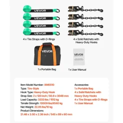 VEVOR Wheel Chock Tie-Down Kit, Deck-Style Trailer Tie Down Strap, Car Tie Down Kit with J-Hook, Break Strength 10009 lbs & Working Load 3333 lbs Motorcycle Tie-Down System for SUVs, Trailers, Trucks