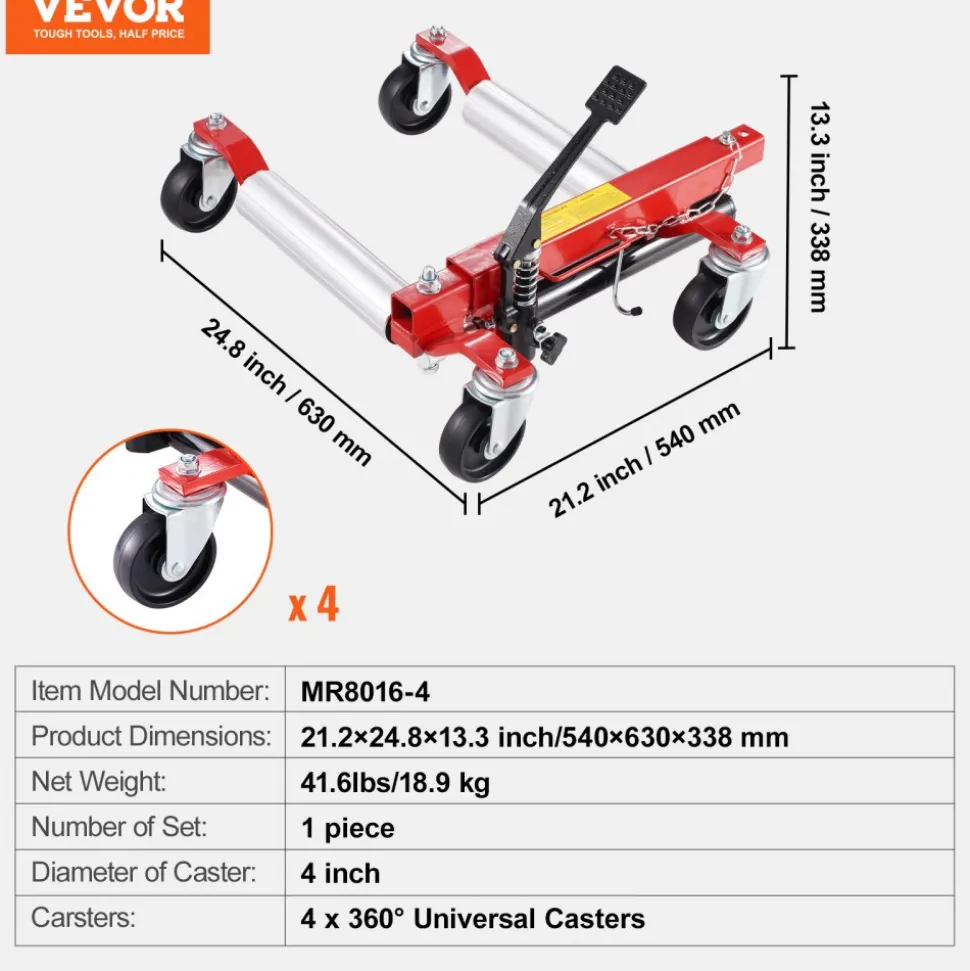 VEVOR Wheel Dolly, Max Capacity 1500 Lbs Car Dolly, Car Jack Dolly Lifter with 360° Rotatable Wheels, Heavy Duty Vehicle Positioning Hydraulic Tire Jack, for Vehicle Car Auto Repair Moving