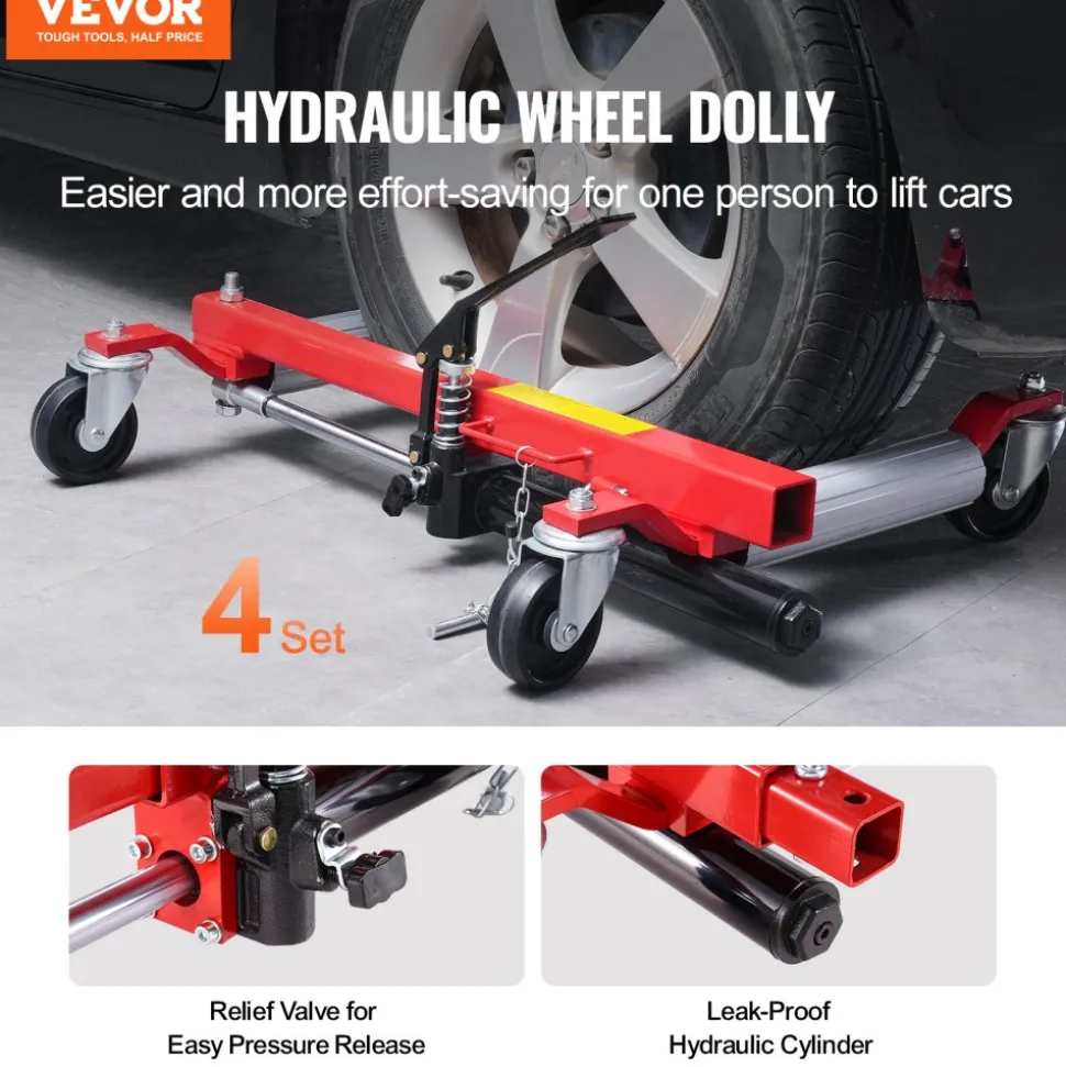 VEVOR Wheel Dolly, Max Capacity 1500 Lbs Car Dolly, Car Jack Dolly Lifter with 360° Rotatable Wheels, Heavy Duty Vehicle Positioning Hydraulic Tire Jack, for Vehicle Car Auto Repair Moving, Set of 4