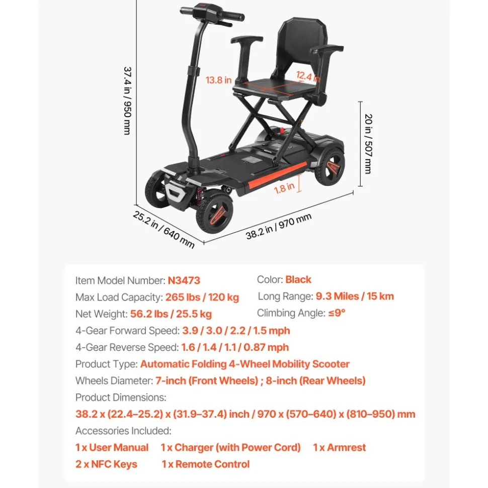 VEVOR 4-Wheel Electric Mobility Scooter for Adults & Seniors, Integrated Automatic Folding Mobility Scooter with Remote Control, NFC Keys & Long Range, 265LBS Loading Travel Wheelchair