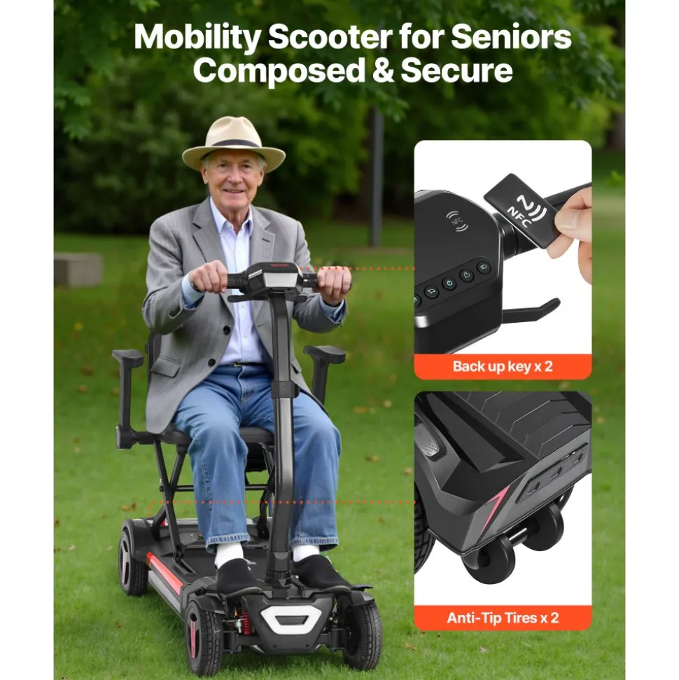 VEVOR 4-Wheel Electric Mobility Scooter for Adults & Seniors, Integrated Automatic Folding Mobility Scooter with Remote Control, NFC Keys & Long Range, 265LBS Loading Travel Wheelchair