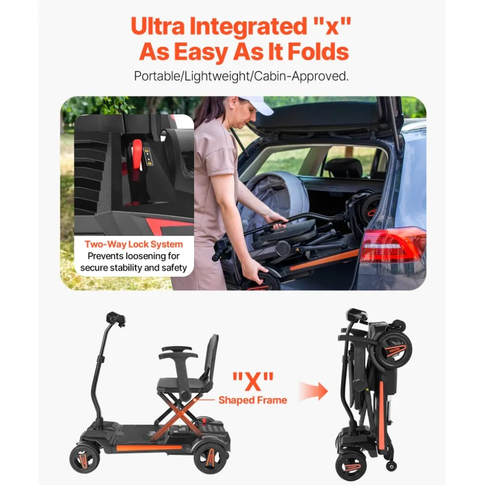 VEVOR 4-Wheel Electric Mobility Scooter for Adults & Seniors, Integrated Automatic Folding Mobility Scooter with Remote Control, NFC Keys & Long Range, 265LBS Loading Travel Wheelchair