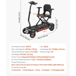 VEVOR 4-Wheel Electric Mobility Scooter for Adults & Seniors, Integrated Foldable Mobility Scooter with 9.3 Miles Long Range, All Terrain Travel Wheelchair with 9° Climbing Capacity & 265LBS Loading