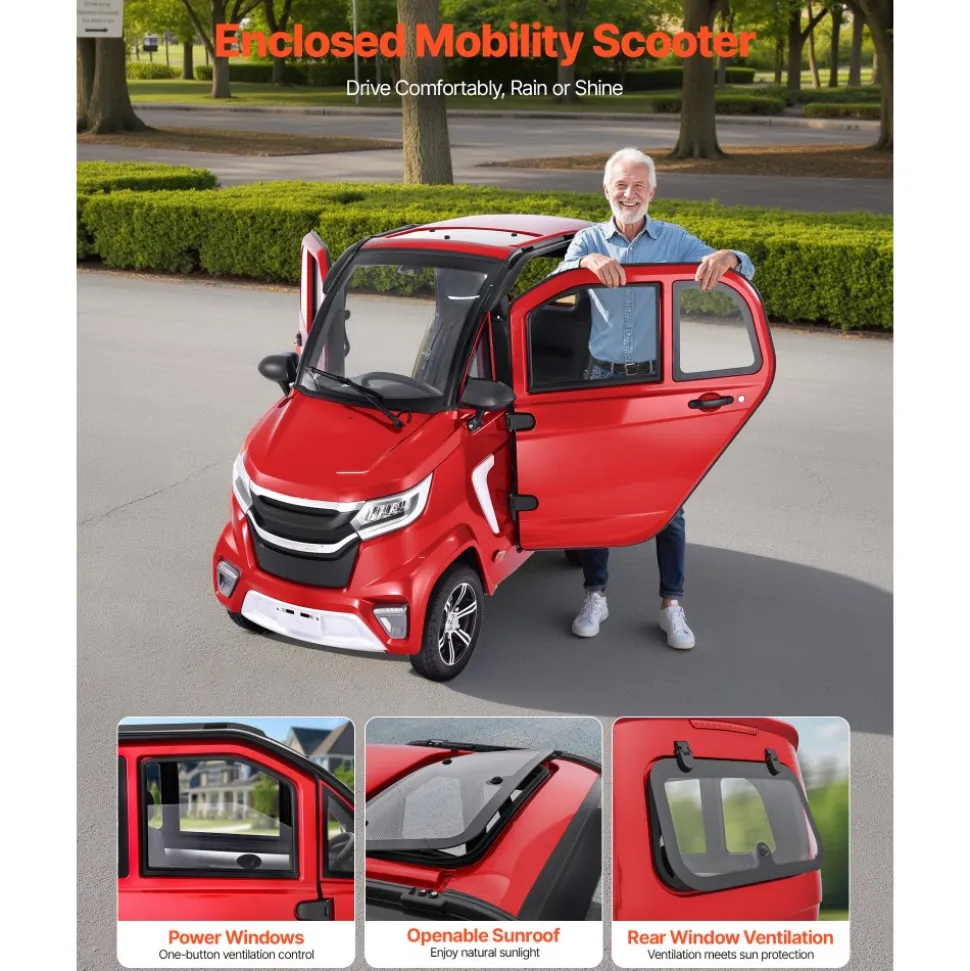 VEVOR 4-Wheel Enclosed Mobility Scooter for Seniors Adults, 660lbs Capacity, 3-Seater 2000W Electric Recreational Mobility Scooter 45 Miles Long Range, Remote Unlock, All-Terrain for Touring Shopping