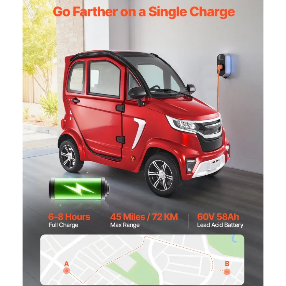 VEVOR 4-Wheel Enclosed Mobility Scooter for Seniors Adults, 660lbs Capacity, 3-Seater 2000W Electric Recreational Mobility Scooter 45 Miles Long Range, Remote Unlock, All-Terrain for Touring Shopping