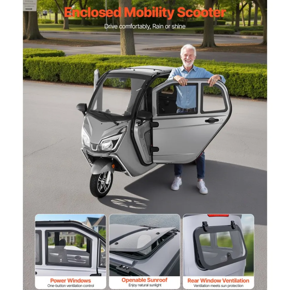 VEVOR 3-Wheel Enclosed Mobility Scooter for Seniors Adults, 650lbs Capacity, 3-Seater 1500W Electric Recreational Mobility Scooter 37 Miles Long Range, Remote Unlock, All-Terrain for Shopping Touring