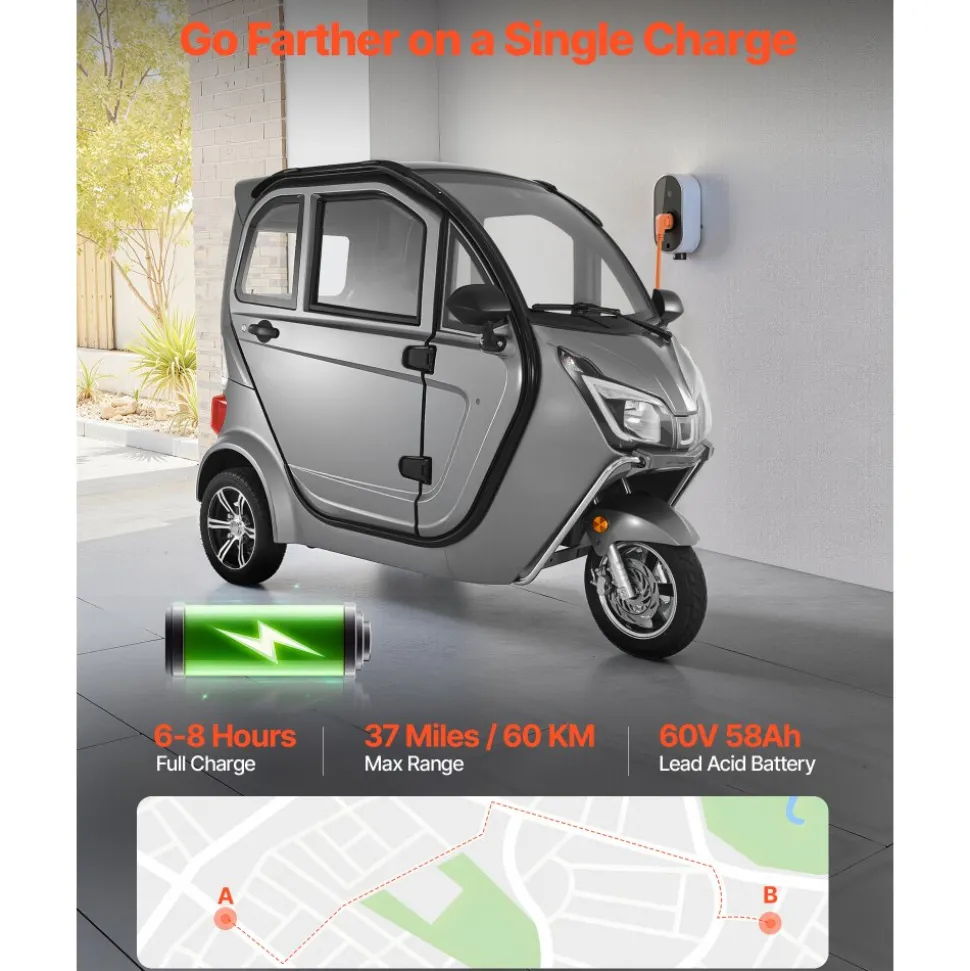 VEVOR 3-Wheel Enclosed Mobility Scooter for Seniors Adults, 650lbs Capacity, 3-Seater 1500W Electric Recreational Mobility Scooter 37 Miles Long Range, Remote Unlock, All-Terrain for Shopping Touring