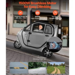 VEVOR 3-Wheel Enclosed Mobility Scooter for Seniors Adults, 650lbs Capacity, 3-Seater 1500W Electric Recreational Mobility Scooter 37 Miles Long Range, Remote Unlock, All-Terrain for Shopping Touring