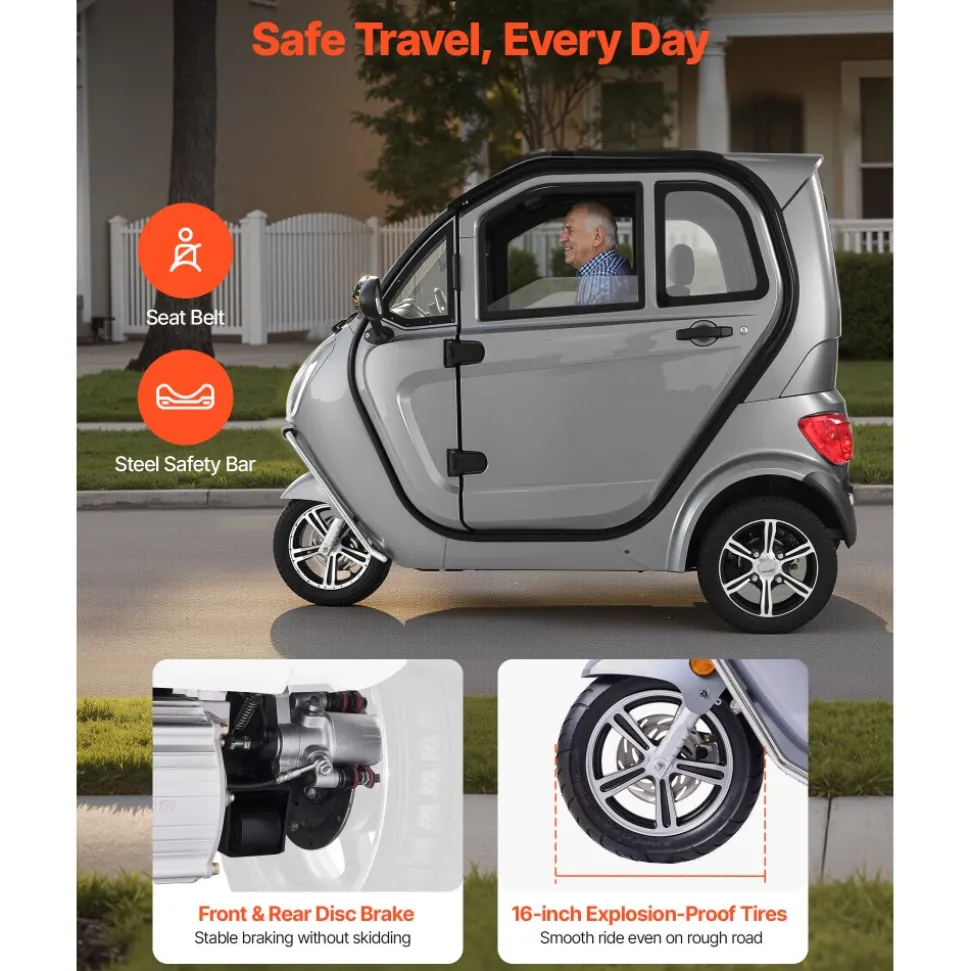VEVOR 3-Wheel Enclosed Mobility Scooter for Seniors Adults, 650lbs Capacity, 3-Seater 1500W Electric Recreational Mobility Scooter 37 Miles Long Range, Remote Unlock, All-Terrain for Shopping Touring