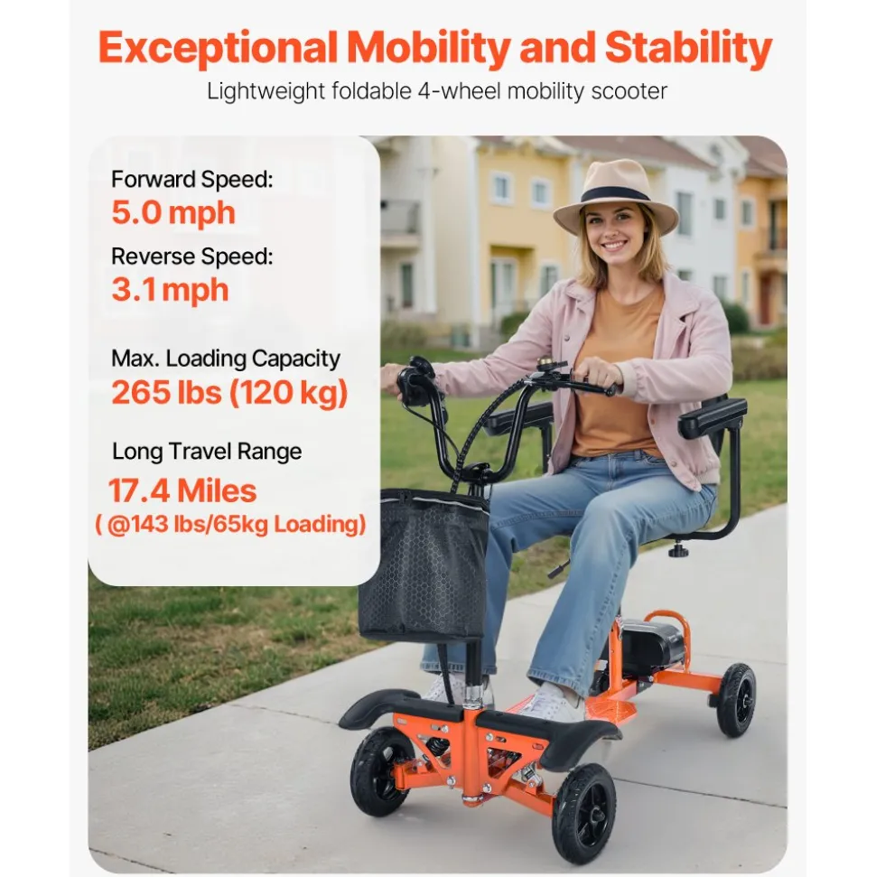 VEVOR 4-Wheel Folding Mobility Scooter for Adults & Seniors, 265LBS Loading Electric Mobility Scooter, All-Terrain Travel Wheelchair with 48V Lithium Battery, 8" Solid Tires & 8° Climbing Capacity