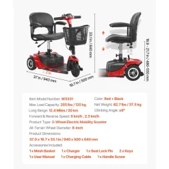 VEVOR 3 Wheel Folding Mobility Scooter for Adults & Seniors, Heavy-Duty Electric Powered Mobility Scooter & 12 Mile Long Range, All Terrain Travel Wheelchair with 9° Climbing Capacity, 265lb Capacity