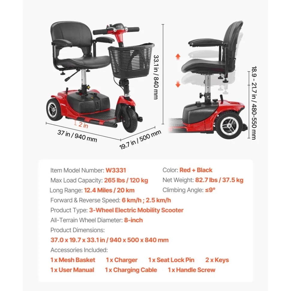 VEVOR 3 Wheel Folding Mobility Scooter for Adults & Seniors, Heavy-Duty Electric Powered Mobility Scooter & 12 Mile Long Range, All Terrain Travel Wheelchair with 9° Climbing Capacity, 265lb Capacity