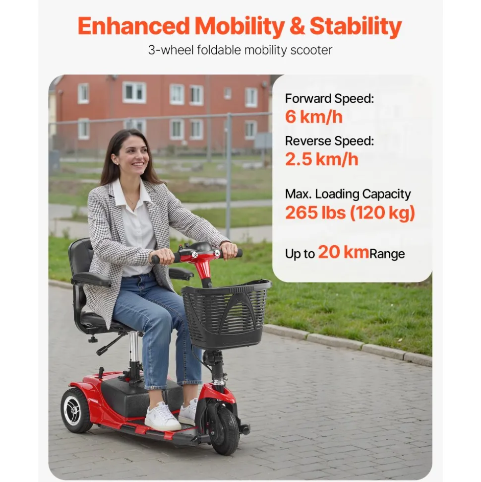 VEVOR 3 Wheel Folding Mobility Scooter for Adults & Seniors, Heavy-Duty Electric Powered Mobility Scooter & 12 Mile Long Range, All Terrain Travel Wheelchair with 9° Climbing Capacity, 265lb Capacity