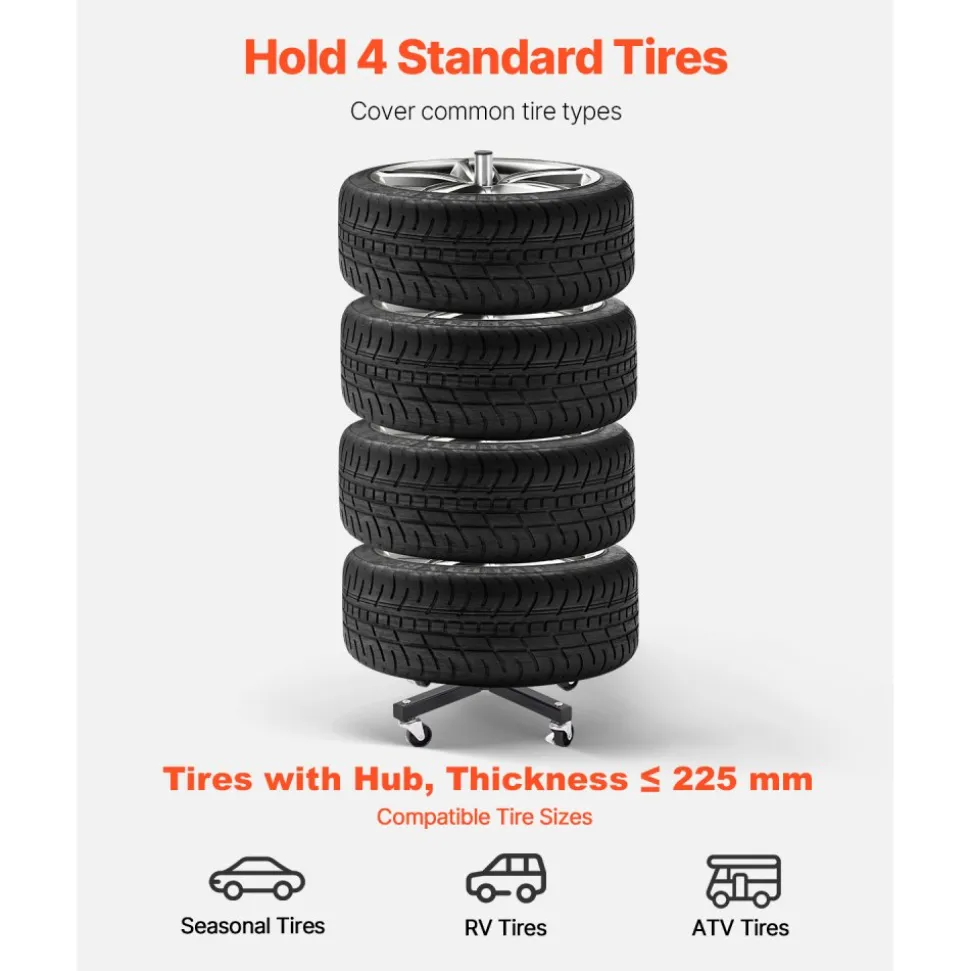 VEVOR Wheel Rack on Casters, Robust Steel Wheel Stand for 4 Wheel and Rim Combinations, Compact & Portable Tire Storage for Tires as Wide as 225mm, Supports up to 220LBS Weight, Perfect for Garage Workspace