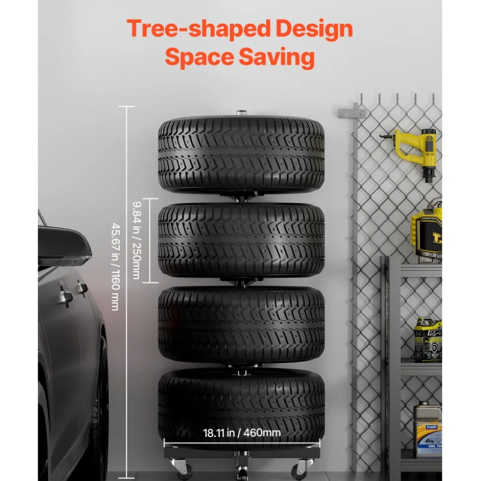 VEVOR Wheel Rack on Casters, Robust Steel Wheel Stand for 4 Wheel and Rim Combinations, Compact & Portable Tire Storage for Tires as Wide as 225mm, Supports up to 220LBS Weight, Perfect for Garage Workspace