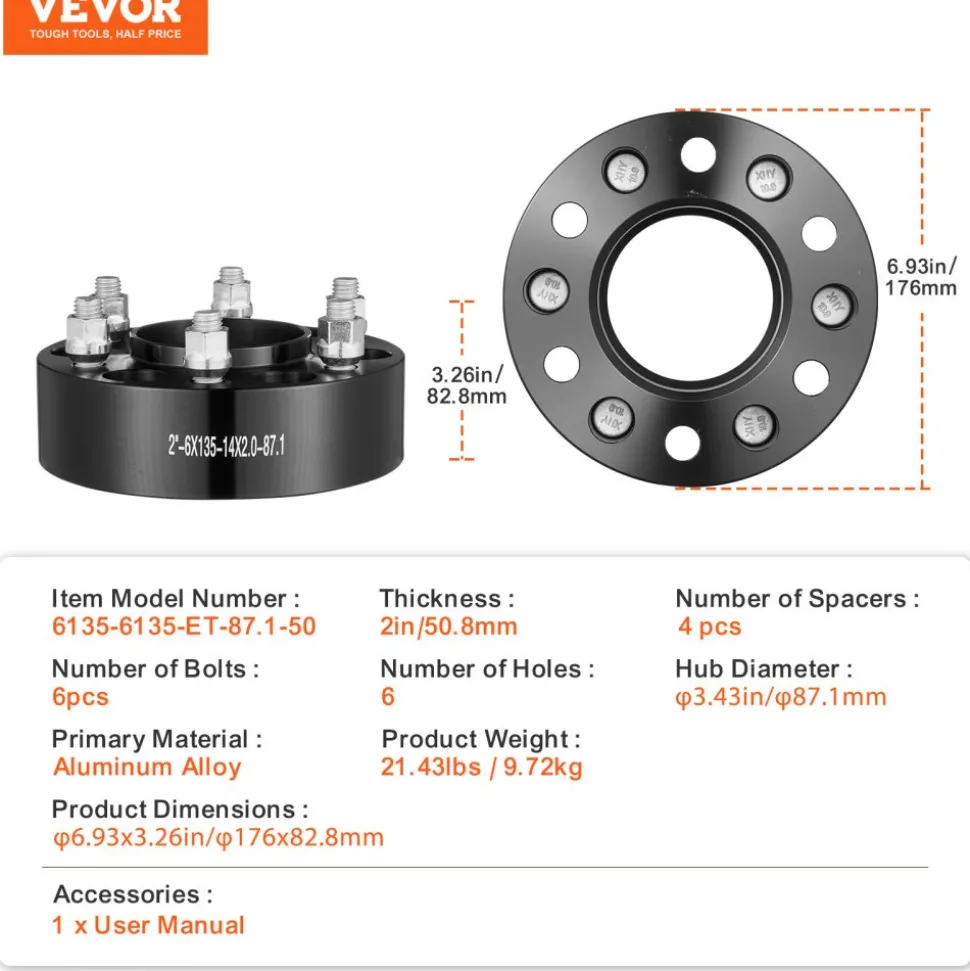 VEVOR Wheel Spacers, 2" 6"x5.3" Wheel Adapters, 6 Lug Forged Spacer, 87.1 mm Bore Hubcentric M14 x2 Studs Spacers, Fit for Ford Expedition, F150, Lincoln Navigator, 4 PCS Black