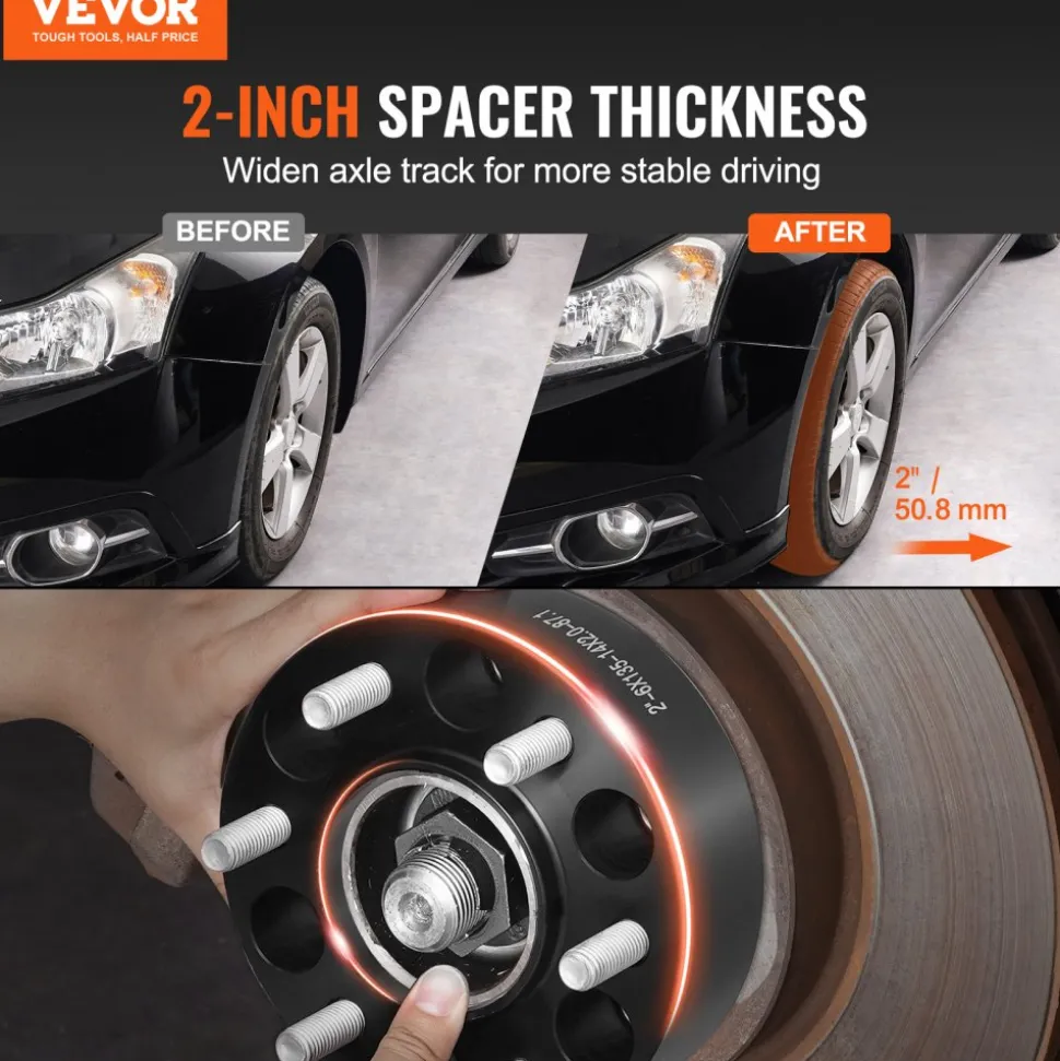 VEVOR Wheel Spacers, 2" 6"x5.3" Wheel Adapters, 6 Lug Forged Spacer, 87.1 mm Bore Hubcentric M14 x2 Studs Spacers, Fit for Ford Expedition, F150, Lincoln Navigator, 4 PCS Black