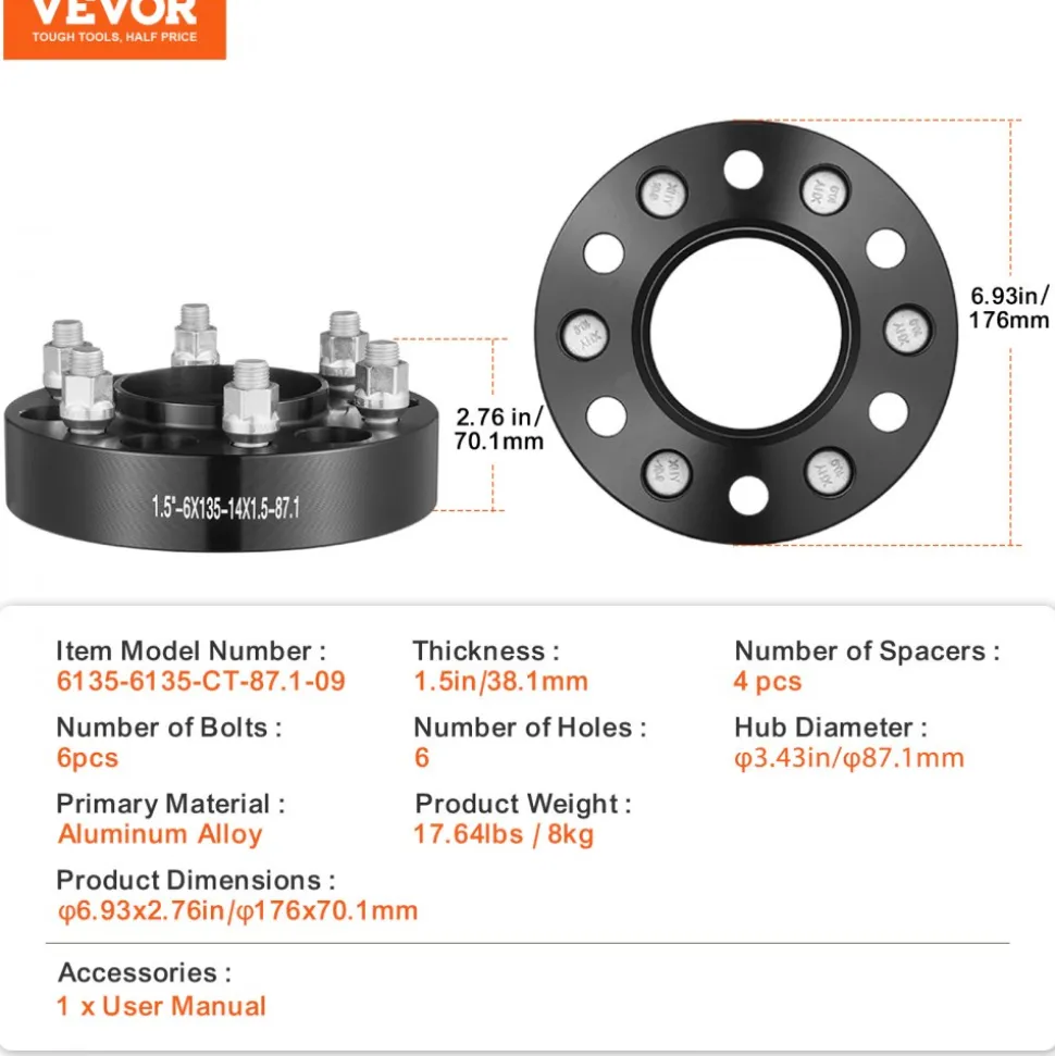 VEVOR Wheel Spacers, 1.5" 6"x5.3" Wheel Adapters, 6 Lug Forged Spacer, 87.1 mm Bore Hubcentric M14 x1.5 Studs Spacers, Fit for Ford F150, Expedition, Lobo, Navigator, 4 PCS Black
