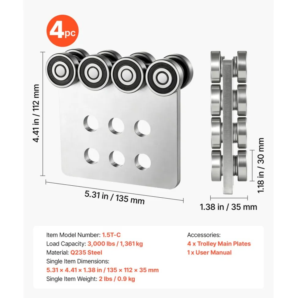 VEVOR 8 Wheel Trolley Assembly Rollers, 4 Pcs 3000 lbs Load, Dual Bearing Trolley Assembly for 1-5/8" Wide and All 1-5/8" or Taller Strut Channel, Heavy Duty Sliding Track System for Warehouse Garage