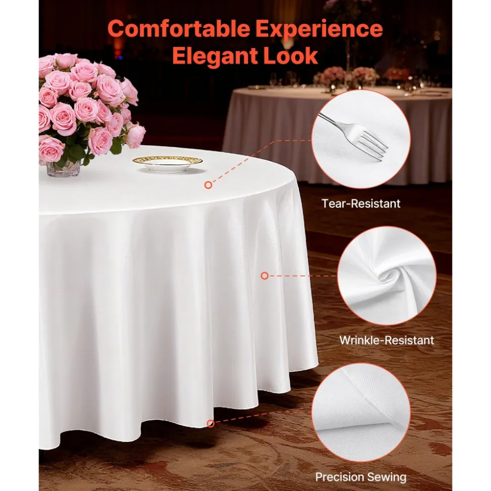 VEVOR White Round Tablecloths 2 Pack, 120 Inches in Diameter, Stain- & Wrinkle- Resistant, Machine Washable Table Clothes, Polyester Fabric Table Covers for Wedding, Party, Banquet, Formal Events