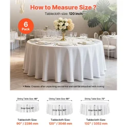 VEVOR White Round Tablecloths 6 Pack, 120 Inches in Diameter, Stain- & Wrinkle- Resistant, Machine Washable Table Clothes, Polyester Fabric Table Covers for Wedding, Party, Banquet, Formal Events